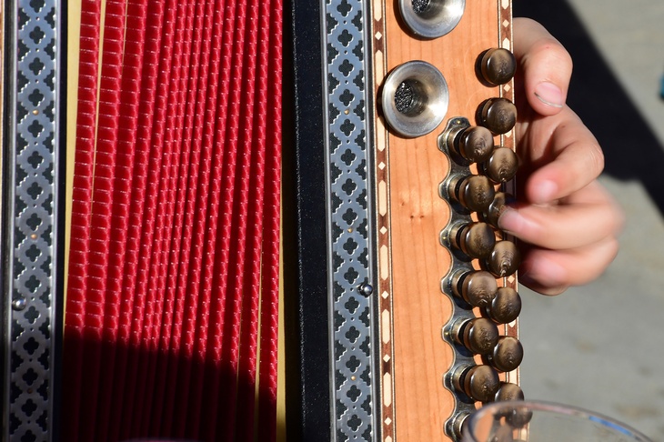 Nahaufnahme einer Ziehharmonika, die von einer Person gespielt wird, deren Finger zu sehen sind. 