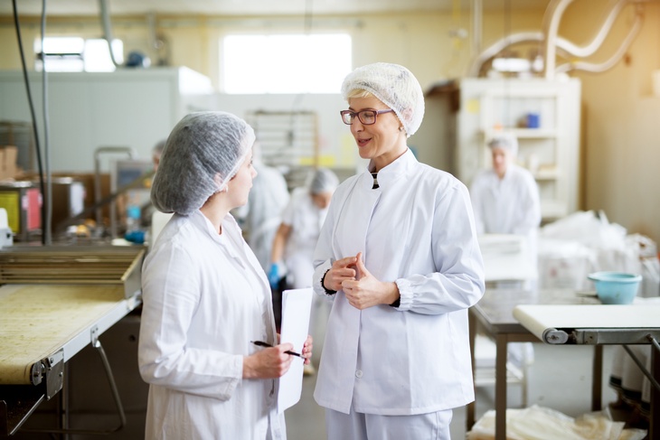 Zwei Personen in weißer Schutzbekleidung mit Haarnetzen unterhalten sich in Lebensmittelproduktionsstätte stehend